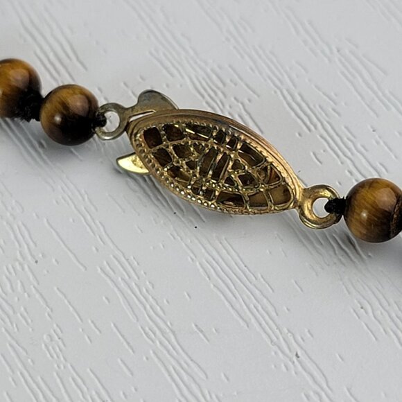 Vintage Tiger's Eye Graduated Necklace 28 Inch Gold-Tone Filigree Box Clasp - Picture 9 of 12